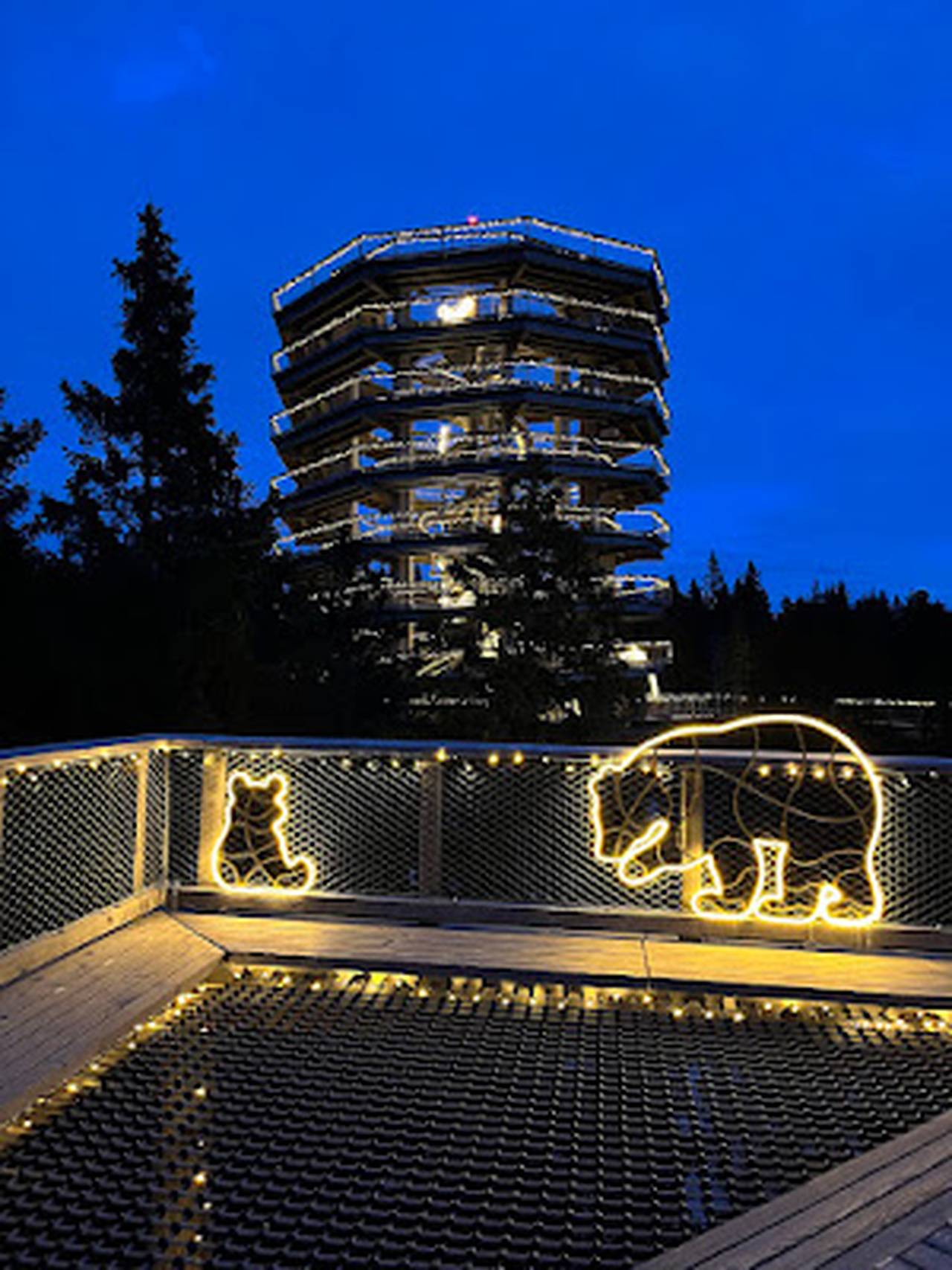 Svetlobni motivi medveda in medvedka na leseni ograji pred osvetljenim stolpom.